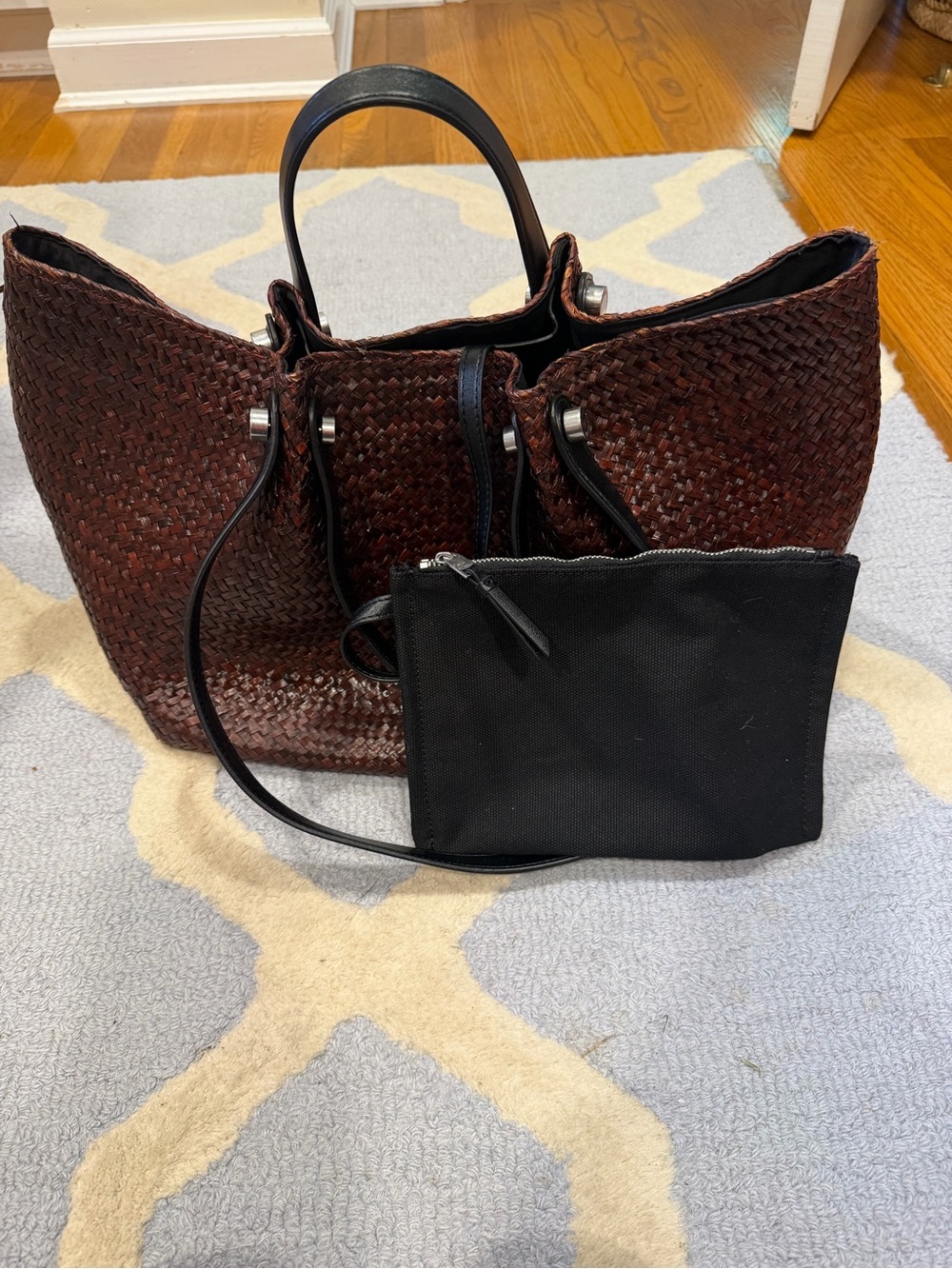 AllSaints Allington Woven Leather Tote in Dark Brown with Black Handles - Picture 3 of 4